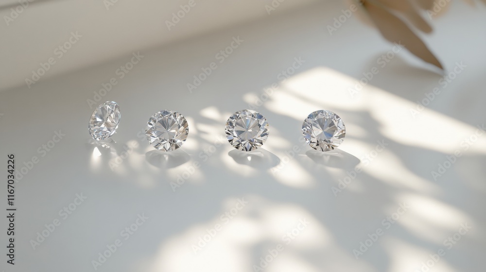 Poster four sparkling gemstones are positioned neatly in a line, illuminated by soft sunlight that creates 