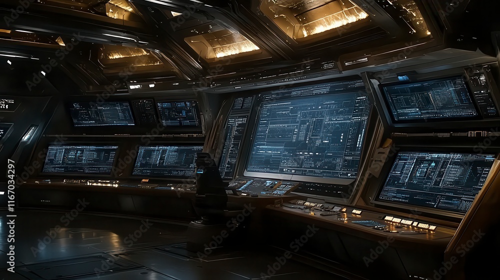 Poster futuristic spaceship bridge control room interior with multiple monitors displaying data