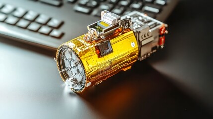 Advanced Spacecraft Technology Golden Satellite Model near Computer Keyboard