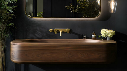 Floating wood vanity with brass faucet and soft lighting enhancing a warm modern bathroom1