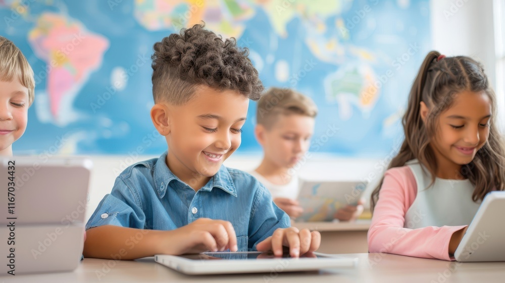 Poster a classroom scene showing children engaged with tablets, smiling and focused, with a world map in th