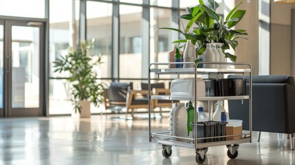 Professional janitorial cart with cleaning supplies in modern corporate office environment