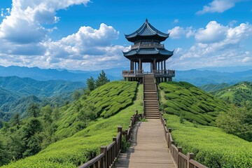 Obraz premium A wide angle photo of the green tea plantation in China, with blue sky and white clouds, there is an ancient Chinese pavilion on top of one hill. There's wooden stairs leading to it from far away.