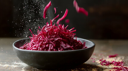 Fresh grated beetroot served as a side dish in a vibrant presentation