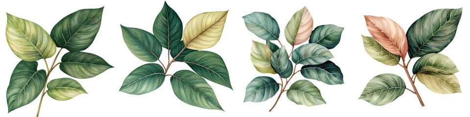 Obraz premium Closeup view of a collection of diverse tropical leaves with vibrant green yellow and reddish brown color patterns and intricate textures