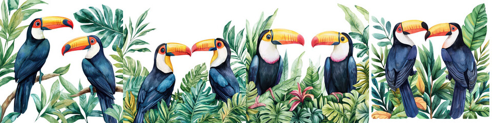 Vibrant image showcasing a group of colorful tropical toucans perched on lush foliage in a beautiful verdant jungle landscape