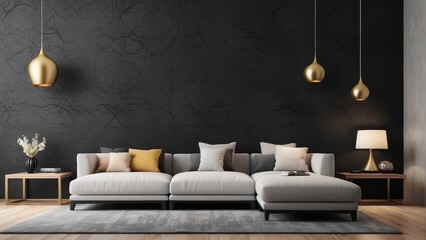 cozy living room with sofa and black pattern wall texture background interior design