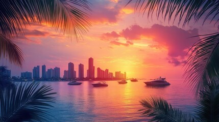 A vibrant sunset over a city skyline with palm trees framing the view and boats anchored in the foreground.
