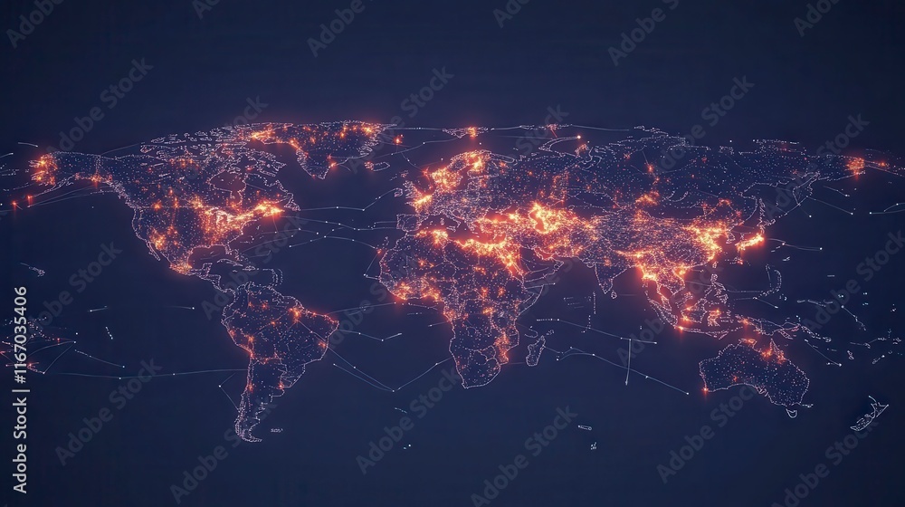 Poster global network connections illuminated world map showing interconnectivity