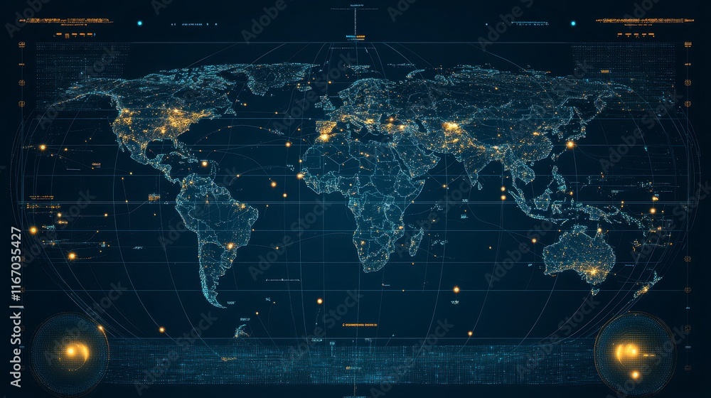 Aufkleber global network connectivity illuminated world map with data visualization