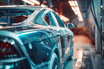 Daytime assembly line in modern car factory with vehicles checked before high tech painting process