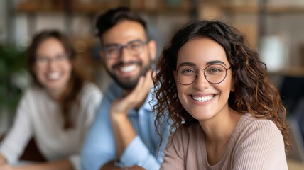 Fototapeta premium A smiling group of three friends in a cozy setting, showcasing a positive and friendly atmosphere.