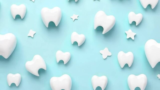 White teeth and stars falling on a light blue background