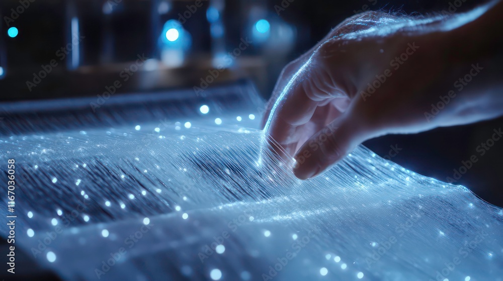 Poster futuristic smart fabric being woven, glowing threads and dynamic patterns, high-tech materials and i