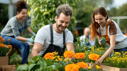 People gardening together, planting vibrant flowers in a greenhouse, showcasing teamwork and a love for nature.