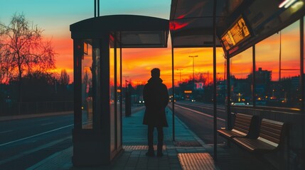 Fototapeta premium A silhouette of a person waiting at a bus stop during a vibrant sunset, capturing a moment of solitude and reflection.