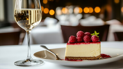 Gourmet dessert pairing with white wine and a decadent raspberry cheesecake on an elegant table setting