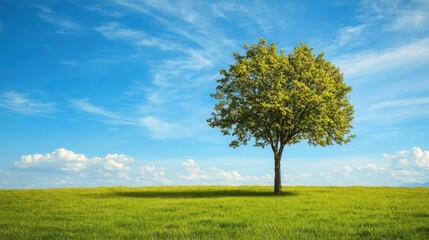 Fototapeta premium A solitary tree stands majestically on a vibrant green field under a bright blue sky, symbolizing nature's beauty and tranquility.