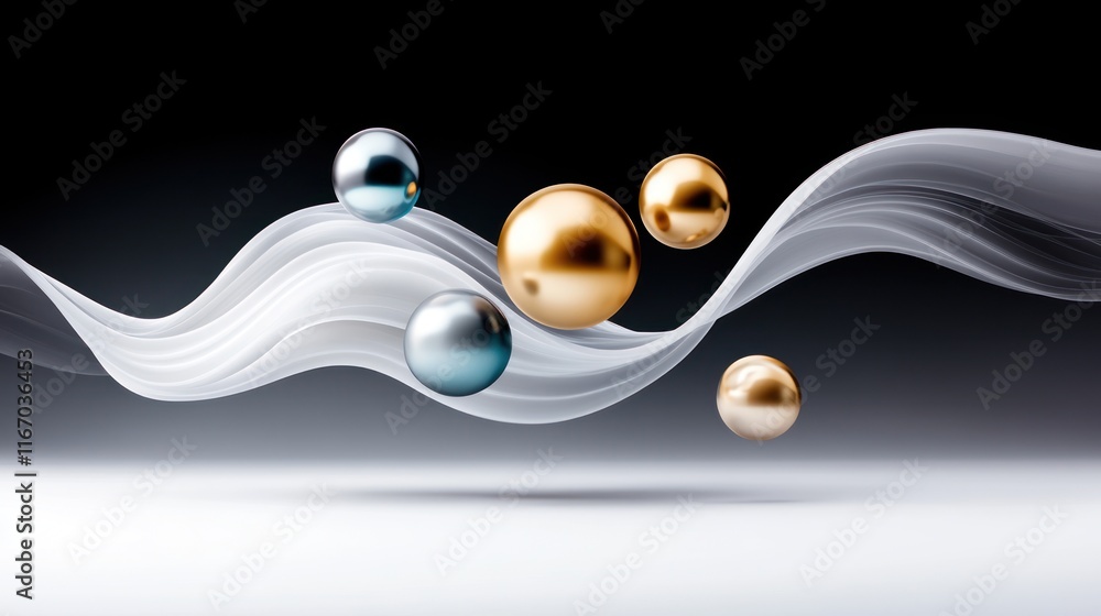 Poster abstract composition of floating spheres and flowing waves.