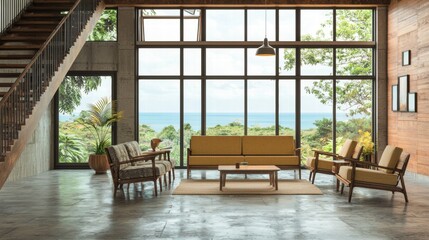 Stylish Minimalist Penthouse Interior with Large Windows Overlooking Scenic Landscape