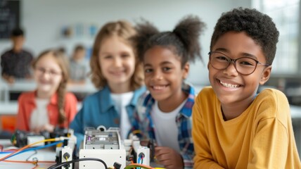 A group of four diverse children smile while engaging in a science activity, showcasing teamwork and creativity in a bright, educational environment.