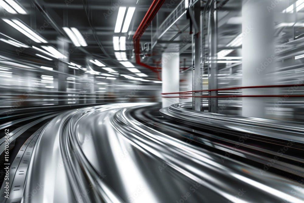 Aufkleber dynamic motion blur inside a modern factory with a focus on metallic conveyor belt system