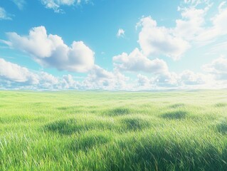 Obraz premium A wide grassy field with a blue sky and white clouds in the background, a green grassland, a grassy meadow, a green field background, a blue sky, white clouds, a natural landscape, landscape photograp