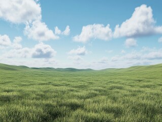 Obraz premium A wide grassy field with a blue sky and white clouds in the background, a green grassland, a grassy meadow, a green field background, a blue sky, white clouds, a natural landscape, landscape photograp