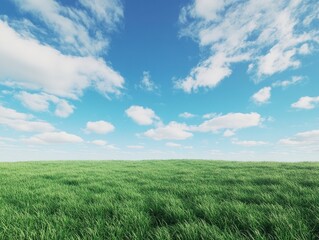 Fototapeta premium A wide grassy field with a blue sky and white clouds in the background, green grass on the ground, and an empty space for text or graphic design at one end of the frame. The entire scene is captured