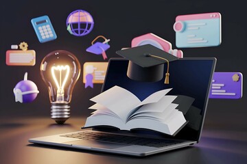 creative illustration featuring a graduation cap, stack of books, and glowing light bulb, symbolizing education, learning, innovation, and academic achievements in a modern and inspiring design