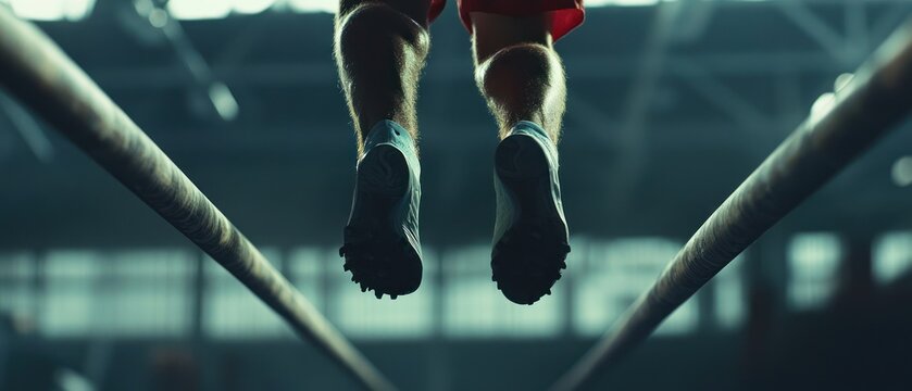 Athlete's legs midair, jumping over parallel bars.