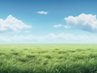 Obraz premium A wide grassy field with a blue sky and white clouds in the background, green grass on the ground, and an empty space for text or graphic design at one end of the frame. The entire scene is captured