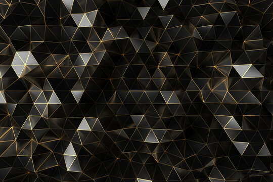 Abstract geometric pattern with black and gold triangular mesh design. 3d render