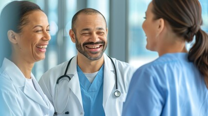 Fototapeta premium Three healthcare professionals share a joyful moment, highlighting camaraderie and teamwork in a bright, modern medical environment.