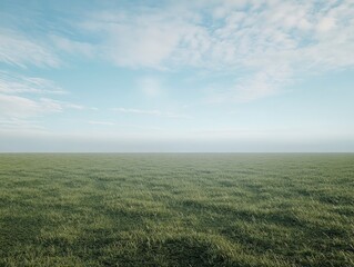 Fototapeta premium A wide grassy field with a blue sky and white clouds in the background, green grass on the ground, and an empty space for text or graphic design at one end of the frame. The entire scene is captured