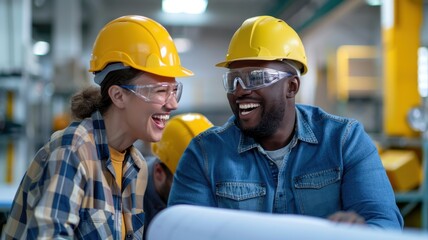 Two cheerful workers in safety gear laugh together in a factory setting, showcasing teamwork and a positive work environment.