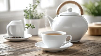 Fototapeta premium White Teapot Pouring Hot Tea into Cup on Wooden Table - Morning Tea Scene with Steam, Cozy Breakfast Setting, Minimalist Morning Background