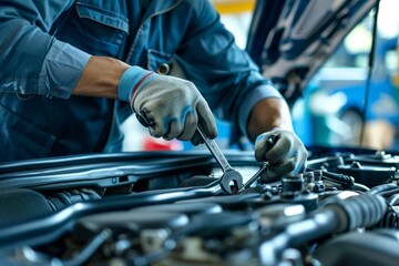 Professional auto mechanic conducting boutique engine repairs with tools in a garage setting