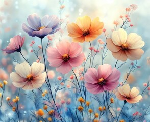 Watercolor Floral Pattern with Blue and Pink Flowers and Leaves for Vintage Textile and Wallpaper Design