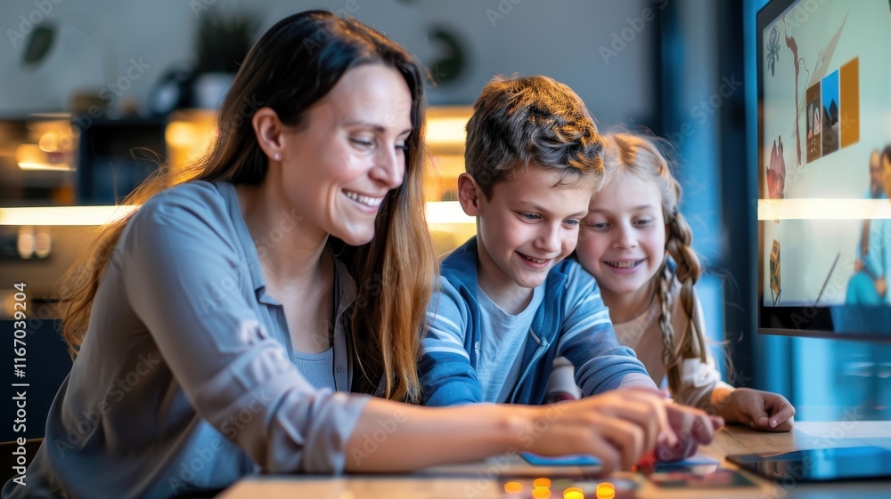 Aufkleber a happy family enjoys time together, engaging with a device, fostering connection and learning in a 