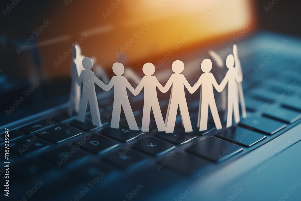 Poster symbolic representation of connection and teamwork paper figures on a laptop keyboard