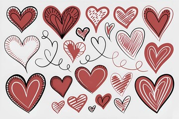 artistic collection of hand-drawn hearts with varied designs and textures, playful and creative heart illustration perfect for love-themed projects, valentine’s day designs, or romantic decorations.  