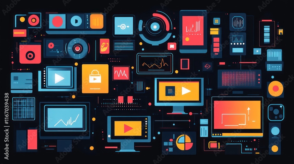 Poster abstract digital technology illustration with various devices and interfaces.