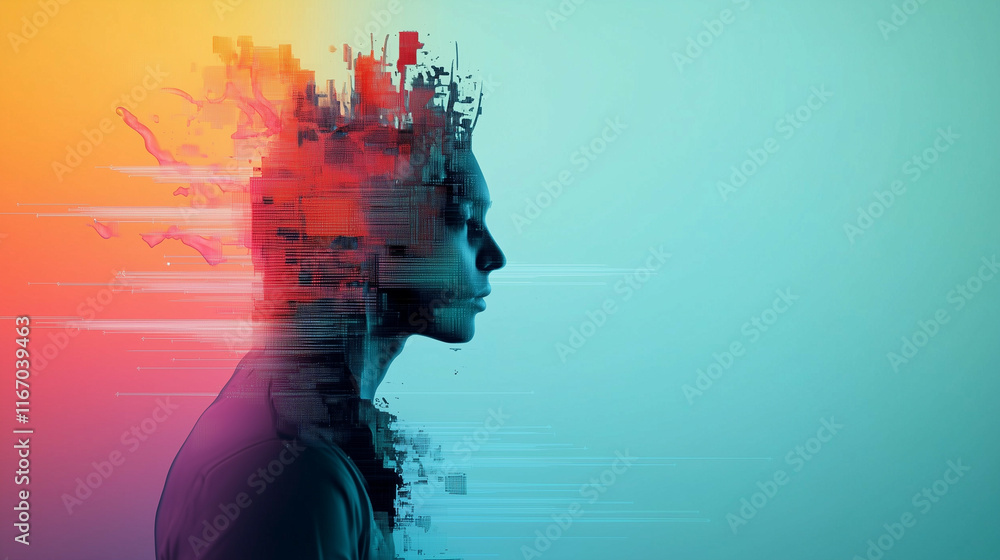 Poster a colorful abstract technology composition with flowing lines, digital grids, and data streams, symb