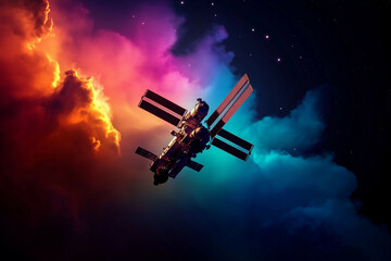 A colossal space station orbits a vibrant nebula, representing humanity's ambition to conquer the cosmos and push the limits of science