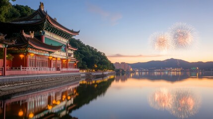 Fototapeta premium Scenic Chinese Pavilion Lakeside at Sunset with Fireworks Display