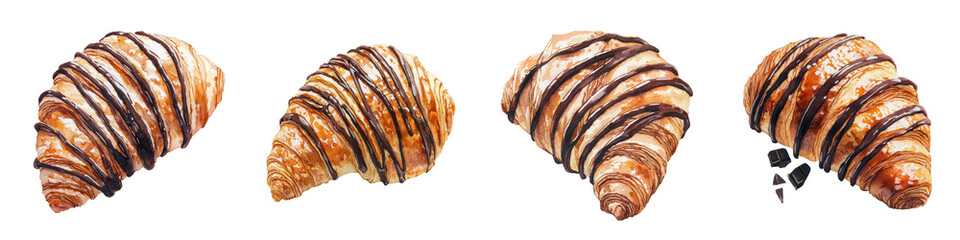 Fototapeta premium Closeup view of freshly baked flaky and buttery chocolate swirl croissants displayed in a cozy bakery window inviting passersby to indulge in the tempting French pastry treat