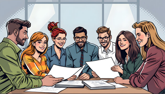 Successful motivated diverse employees team working with documents together, comic art. isolated with white highlights