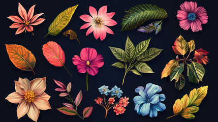 multiple flower assets illustration on black background easy to edit