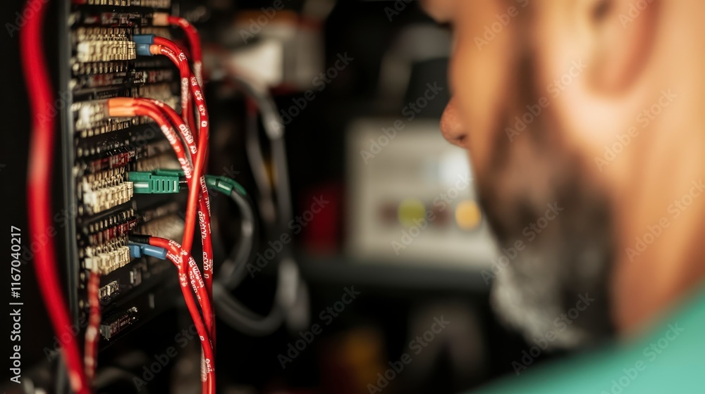 Poster technician inspecting complex wiring and connections in data center server rack